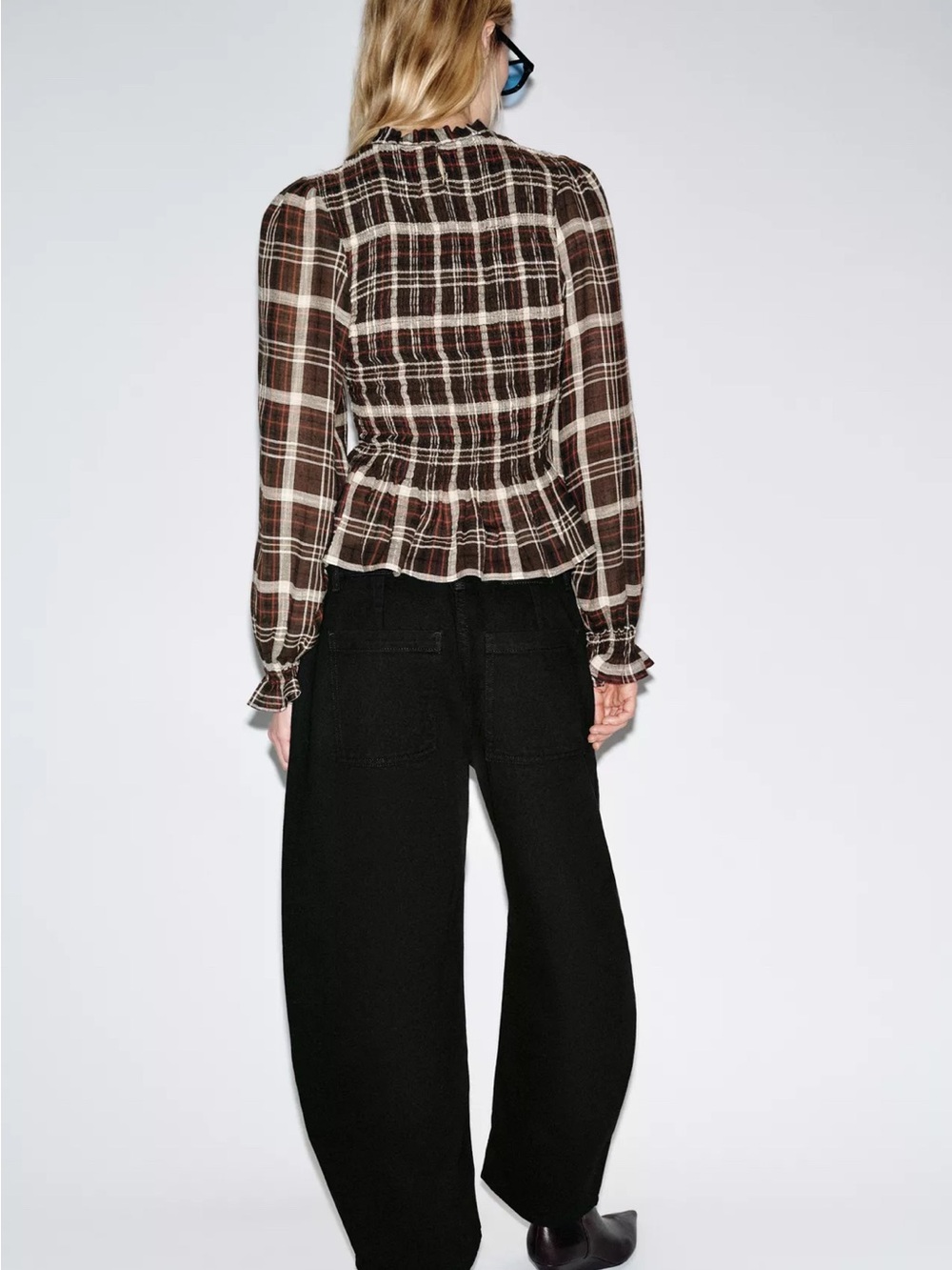 Zara Brown Plaid Smocked Peplum Blouse - Picture 3 of 5